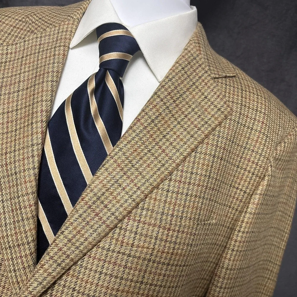 Harold Powell Sport Coat 42L Tan Silk Linen Wool Tweed Check Italy Christopher